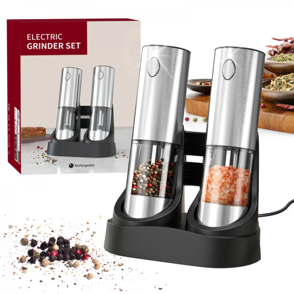 Stainless Steel Automatic Salt ,Electric Pepper Shakers Set Rechargeable Salt and Pepper Grinder with Adjustable Coarseness