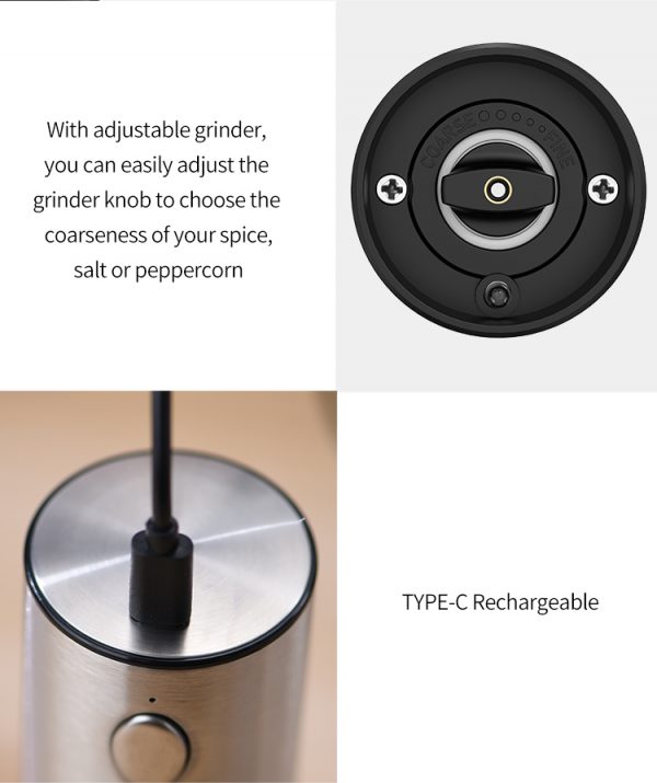 Stainless Steel Automatic Salt ,Electric Pepper Shakers Set Rechargeable Salt and Pepper Grinder with Adjustable Coarseness - Image 8