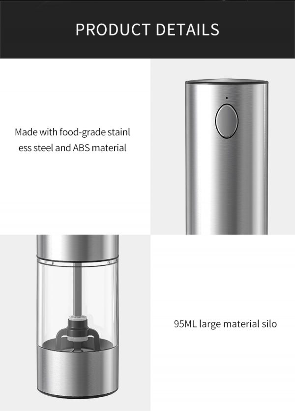 Stainless Steel Automatic Salt ,Electric Pepper Shakers Set Rechargeable Salt and Pepper Grinder with Adjustable Coarseness - Image 6