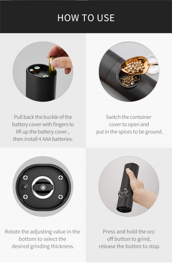 Wholesale Black Plastic Low Cost Electric Automatic Salt and Pepper Grinder Set with Led Light Battery Operated Mill Set - Image 7