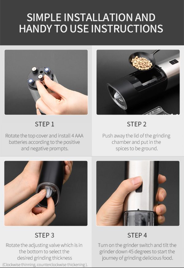 Gravity Stainless Steel Electric Salt and Pepper Grinder Mill Set - Image 6
