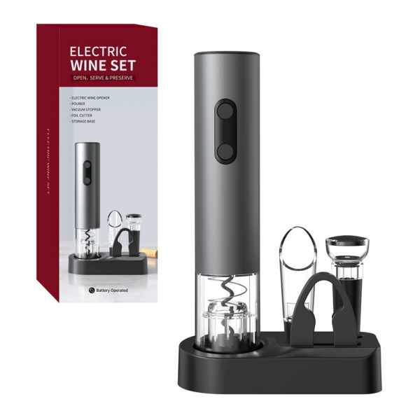 VBGS-KB1-602303SL Smart Kitchen Accessories 4 In1 Electric Wine Opener Gift Set with Wine Topper Wine Aus Caster Storage Floor